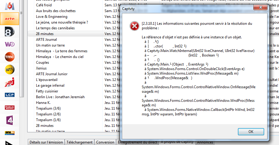 Voici concrètement le résultat du problème après la fenêtre "Une erreur inattendue s’est produite."